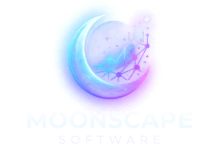 Moonscape Software logo: a crescent moon over a network graph
